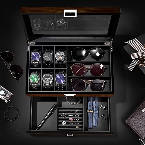 BEWISHOME High-End Watch Box, 6-Slot Watch Case and 3 Glasses Case, 2-Layer Wooden Mens Jewelry Box with Large Glass Lid, Watch Display Case for Men Watch Storage, PU Leather Interior, Brown - Image 4