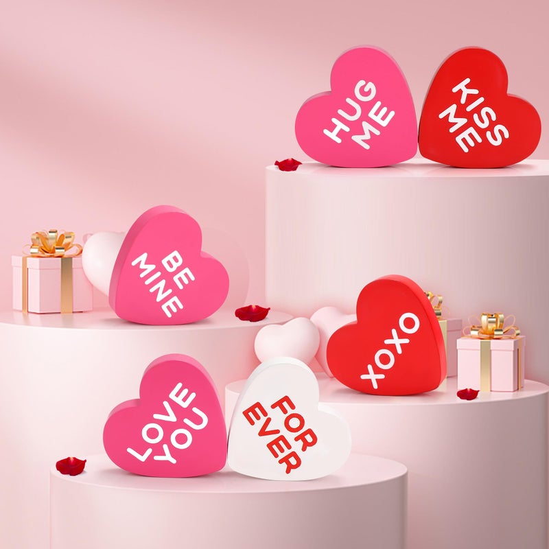 AinDen Valentines Day Decorations Wooden Sign, 6 Piece Small Heart Shaped Decor, Love Candy Table Centerpiece for Tiered Tray, Home, Kitchen, Rustic Living Room, Shelf, Wedding, Party - Image 1