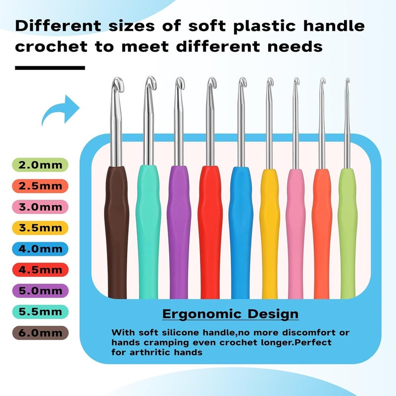 Tusmad 9 PCS Crochet Hooks, Ergonomic Handle Crochet Hooks Set for Arthritic Hands, Comfortable Smooth Crochet Needles Extra Long Knitting Needles with Includes 5 Stitch Markers, Multicolor (14) - Image 2