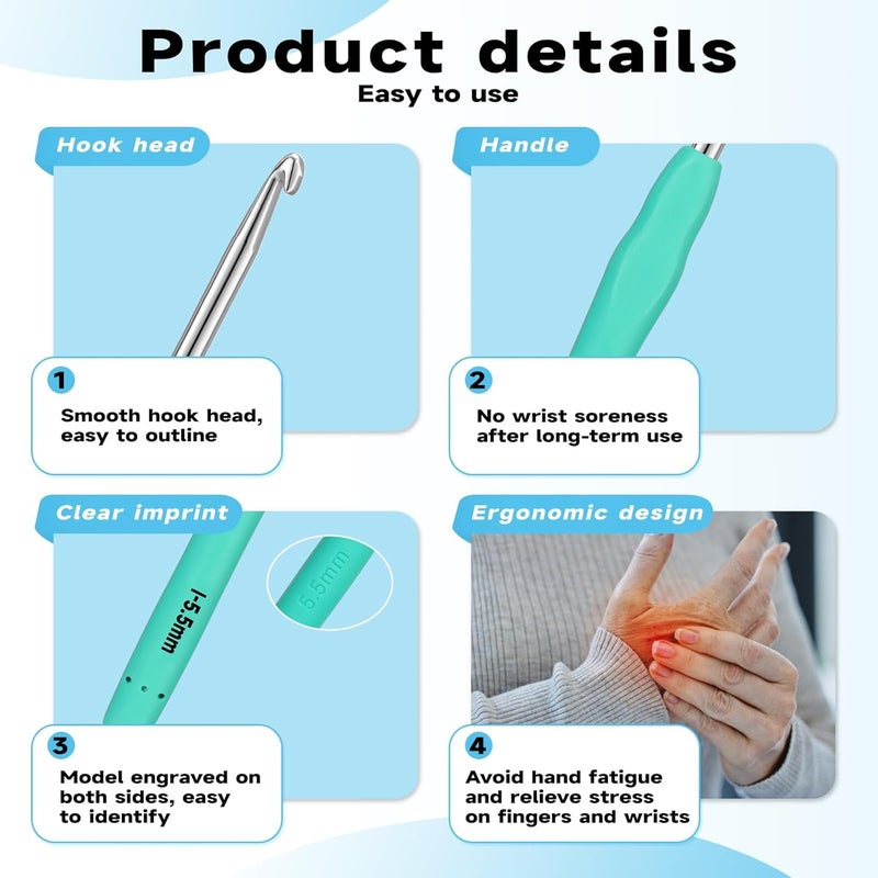 Tusmad 9 PCS Crochet Hooks, Ergonomic Handle Crochet Hooks Set for Arthritic Hands, Comfortable Smooth Crochet Needles Extra Long Knitting Needles with Includes 5 Stitch Markers, Multicolor (14) - Image 4