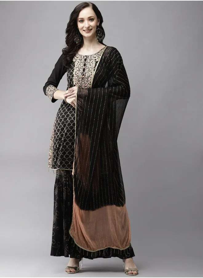 ISHIN Floral Embroidered Kurta With Sharara & Dupatta