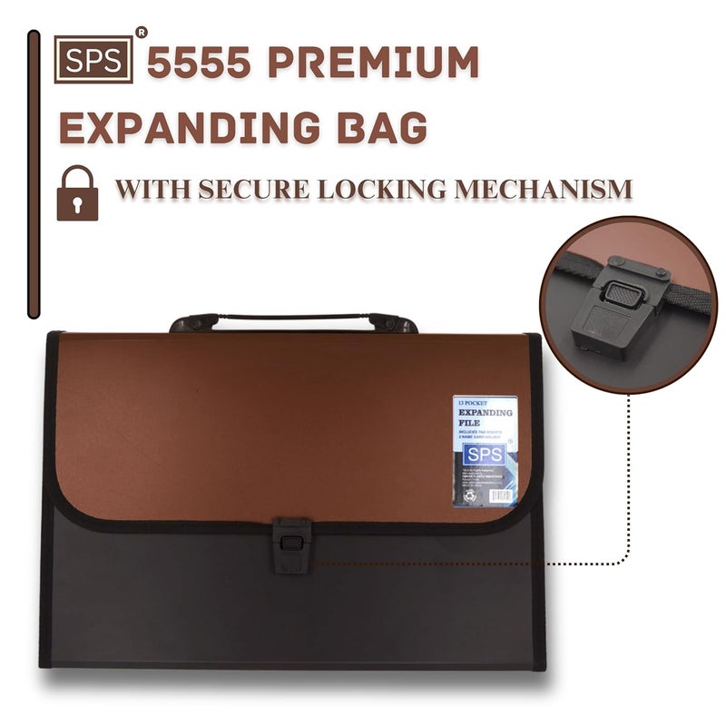 sps 13 Pocket Expanding File Folder with Buckle Closure,Label Index and Handle for A4/Foolscap/Legal Documents (Brown) - Image 2