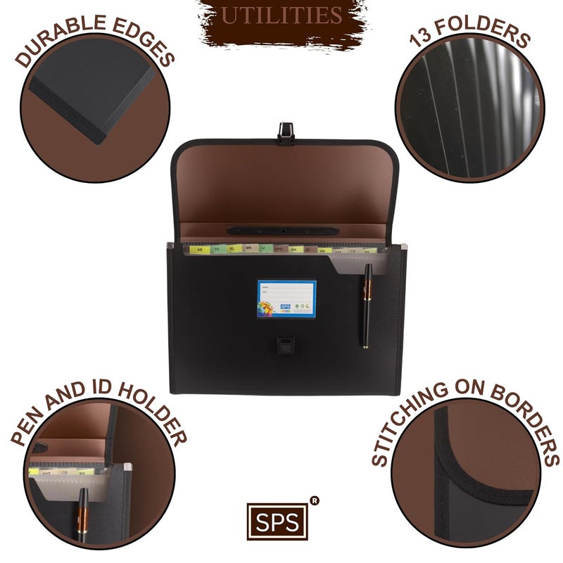 sps 13 Pocket Expanding File Folder with Buckle Closure,Label Index and Handle for A4/Foolscap/Legal Documents (Brown) - Image 4
