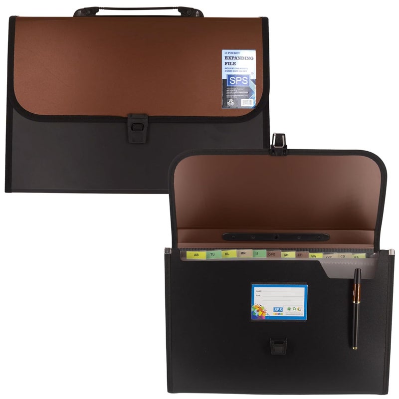 sps 13 Pocket Expanding File Folder with Buckle Closure,Label Index and Handle for A4/Foolscap/Legal Documents (Brown) - Image 1