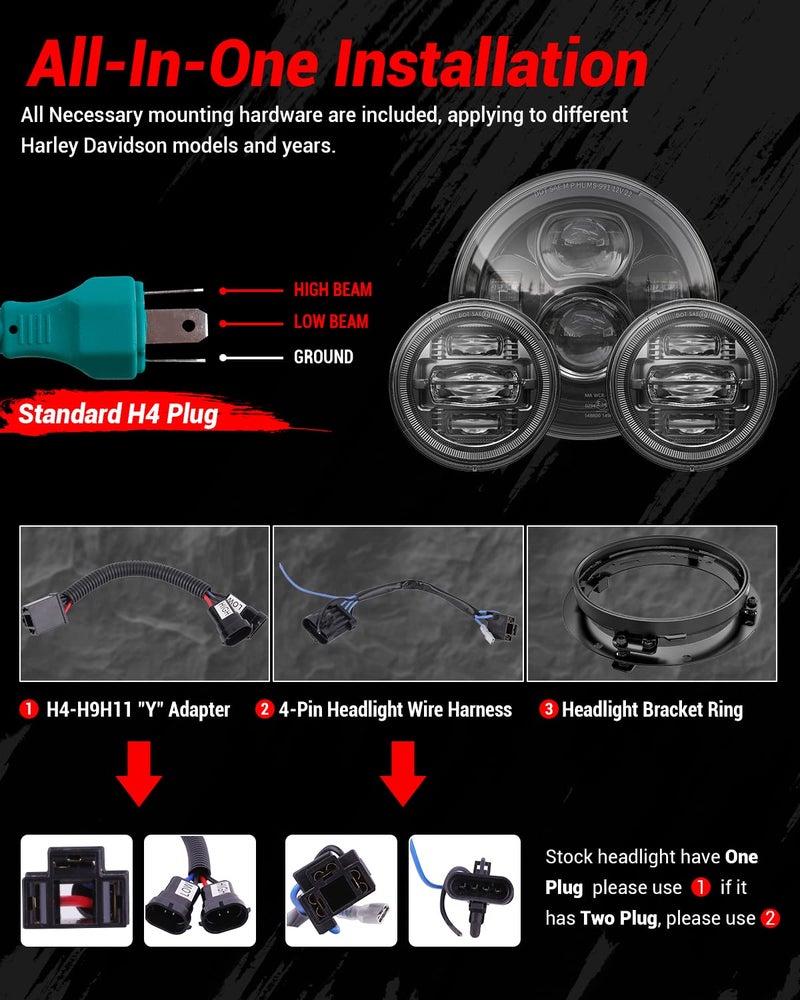 Z-OFFROAD New 7 Inch Motorcycle LED Headlight 4.5" Fog Passing Lights, DOT Kit Compatible with Harley Davidson Road King Electra Glide Ultra Classic Heritage Softail Fat Boy Street Glide, Black - Image 2