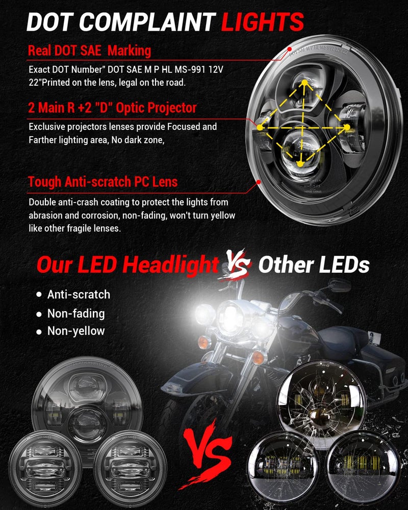 Z-OFFROAD New 7 Inch Motorcycle LED Headlight 4.5" Fog Passing Lights, DOT Kit Compatible with Harley Davidson Road King Electra Glide Ultra Classic Heritage Softail Fat Boy Street Glide, Black - Image 4
