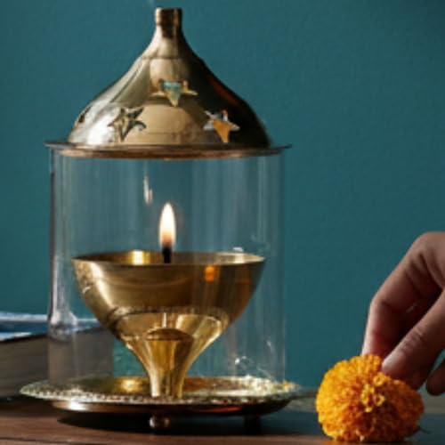 Ein Sof Large Size Decorative Brass Akhand Diya with Glass Cover , Puja Dia for Mandir , Oil Lantern and Tea Light Holder (Height 8 inches) - Image 4