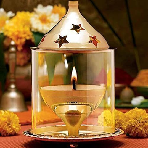 Ein Sof Large Size Decorative Brass Akhand Diya with Glass Cover , Puja Dia for Mandir , Oil Lantern and Tea Light Holder (Height 8 inches) - Image 1