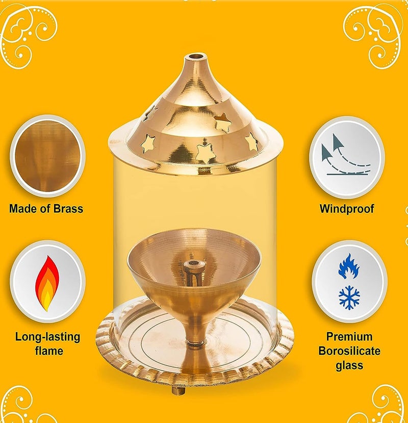 Ein Sof Large Size Decorative Brass Akhand Diya with Glass Cover , Puja Dia for Mandir , Oil Lantern and Tea Light Holder (Height 8 inches) - Image 5