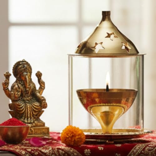 Ein Sof Large Size Decorative Brass Akhand Diya with Glass Cover , Puja Dia for Mandir , Oil Lantern and Tea Light Holder (Height 8 inches) - Image 2