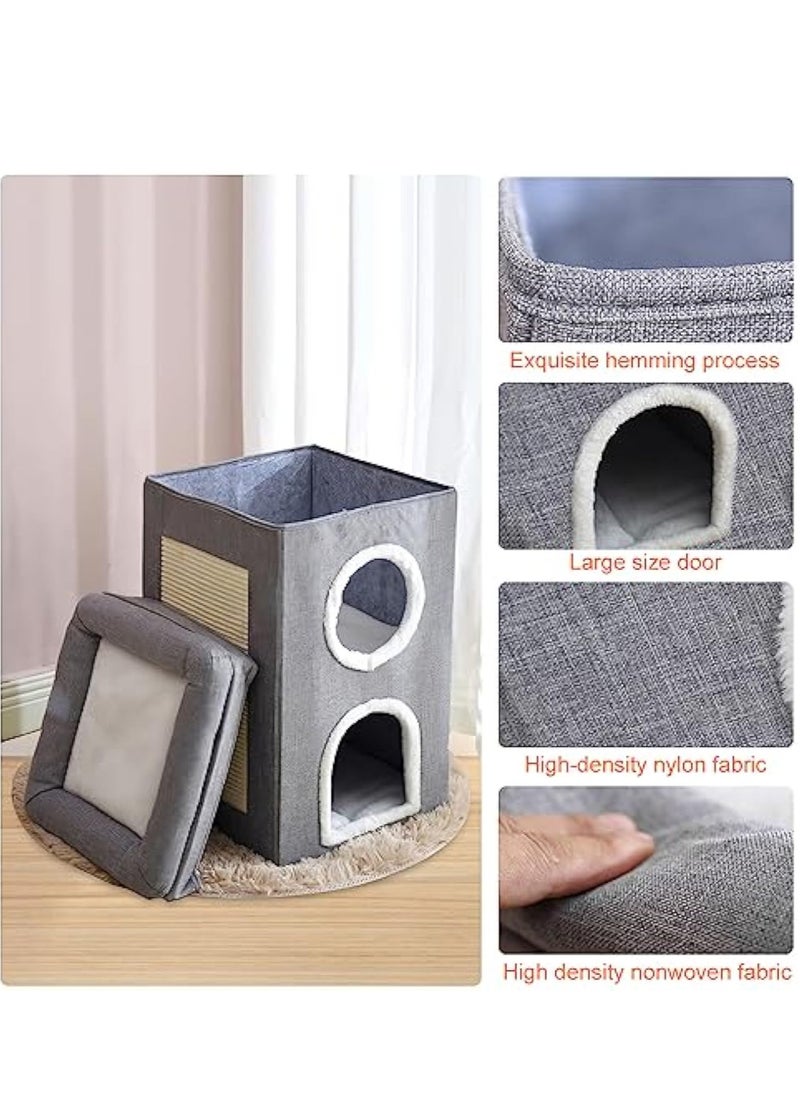 Arabest - Cat House 2-in-1 Large Kitten Cave Foldable Pet Bed with Balcony and Cube Cat Scratching Pad Collapsible Kitty Hideaway Playground Pet Sleeping Cot Condo Tunnel Baby Cat Stool Play Center - Image 1