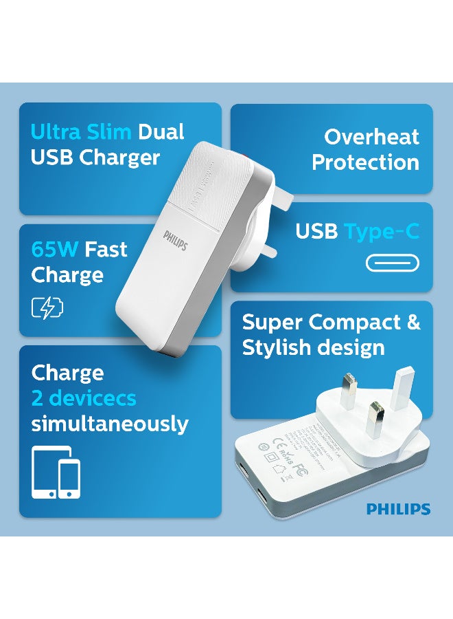 Philips 65W Ultra Slim Dual USB-C Wall Charger, GaN Technology Fast Charging Adapter with Power Delivery (PD) & PPS, Dual Port Type-C for Laptops, Tablets & Smartphones – White - Image 2