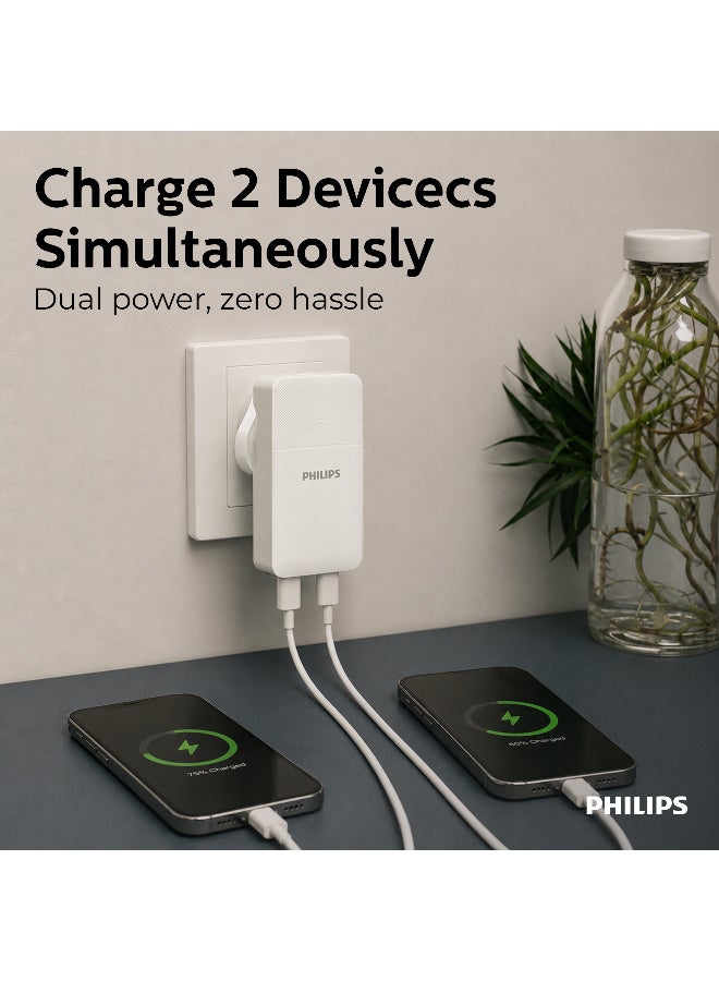 Philips 65W Ultra Slim Dual USB-C Wall Charger, GaN Technology Fast Charging Adapter with Power Delivery (PD) & PPS, Dual Port Type-C for Laptops, Tablets & Smartphones – White - Image 3