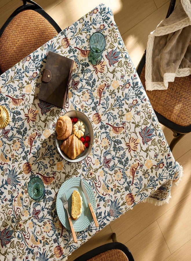 OMMATO Farmhouse Floral Rectangle Tablecloth Vintage Flower Print Table Cloth with Tassel Rustic French Embroidered Boho Tablecloths Durable Outdoor Table Cover for Kitchen,Dining Room,55 x 102 Inch,Cream - Image 5
