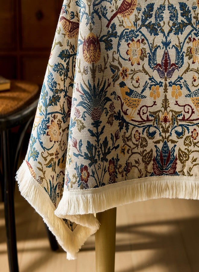 OMMATO Farmhouse Floral Rectangle Tablecloth Vintage Flower Print Table Cloth with Tassel Rustic French Embroidered Boho Tablecloths Durable Outdoor Table Cover for Kitchen,Dining Room,55 x 102 Inch,Cream - Image 4