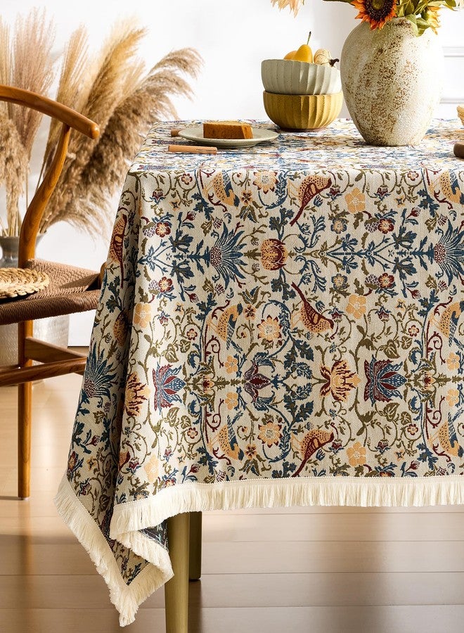OMMATO Farmhouse Floral Rectangle Tablecloth Vintage Flower Print Table Cloth with Tassel Rustic French Embroidered Boho Tablecloths Durable Outdoor Table Cover for Kitchen,Dining Room,55 x 102 Inch,Cream - Image 1
