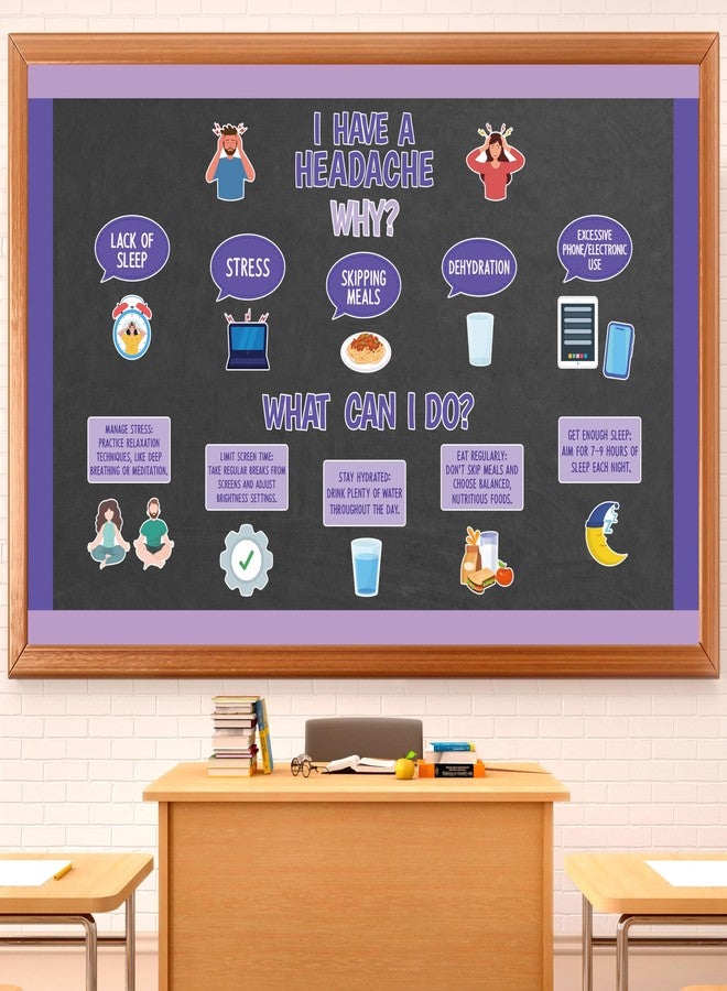 CPicdn 80Pcs Headache Advice Bulletin Board Classroom Decorations, Health Theme Cutouts Name Tag Purple Border Trim School Nurse Office Poster Hospital Healthcare Clinic Decor Wall Chalkboard Supplies - Image 1