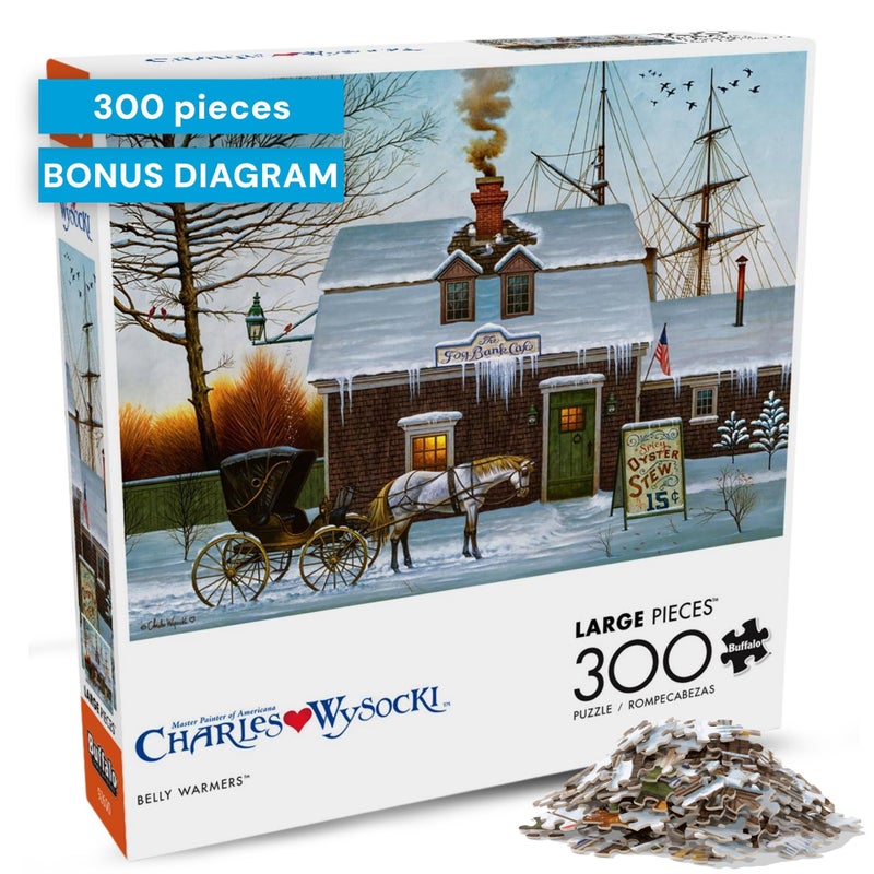 Buffalo Games Oversized Puzzle Belly Warmers by Charles Wysocki 300 Piece Jigsaw Puzzle for Adults Large Pieces Winter Americana Scene with Reference Poster - Image 1