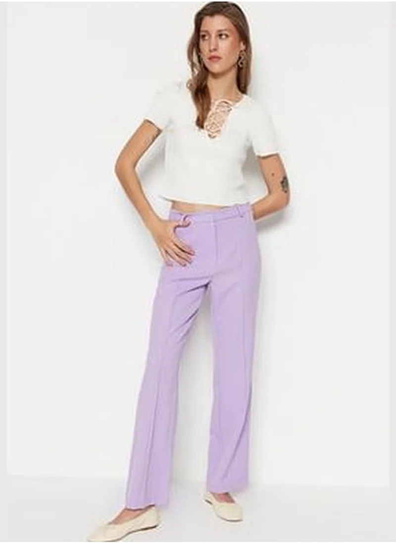 trendyol Lilac Straight High Waist Ribbed Stitched Woven Trousers TWOSS21PL0093