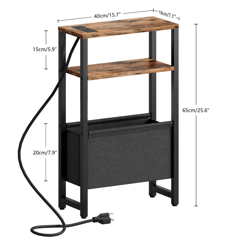 IRCPEN Narrow Side Table with Charging Station Slim End Table Sofa with Magazine Rack, Bedside Table for Small Spaces, 3 Tier Nightstand for Living Room Couch, Bedroom Rustic Brown LET503RE - Image 3