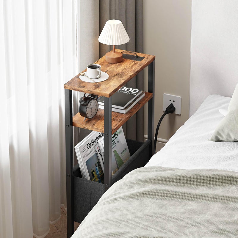 IRCPEN Narrow Side Table with Charging Station Slim End Table Sofa with Magazine Rack, Bedside Table for Small Spaces, 3 Tier Nightstand for Living Room Couch, Bedroom Rustic Brown LET503RE - Image 5