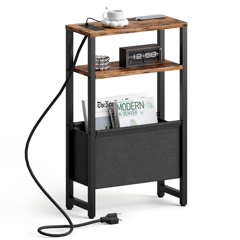 IRCPEN Narrow Side Table with Charging Station Slim End Table Sofa with Magazine Rack, Bedside Table for Small Spaces, 3 Tier Nightstand for Living Room Couch, Bedroom Rustic Brown LET503RE - Image 1