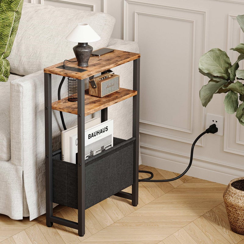 IRCPEN Narrow Side Table with Charging Station Slim End Table Sofa with Magazine Rack, Bedside Table for Small Spaces, 3 Tier Nightstand for Living Room Couch, Bedroom Rustic Brown LET503RE - Image 2