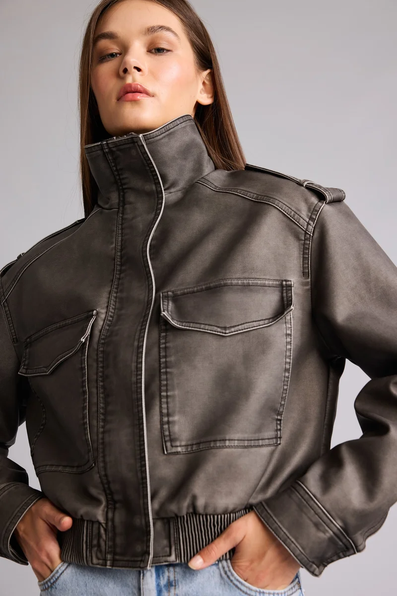 Taffeta Faux Leather Faux Leather Jacket