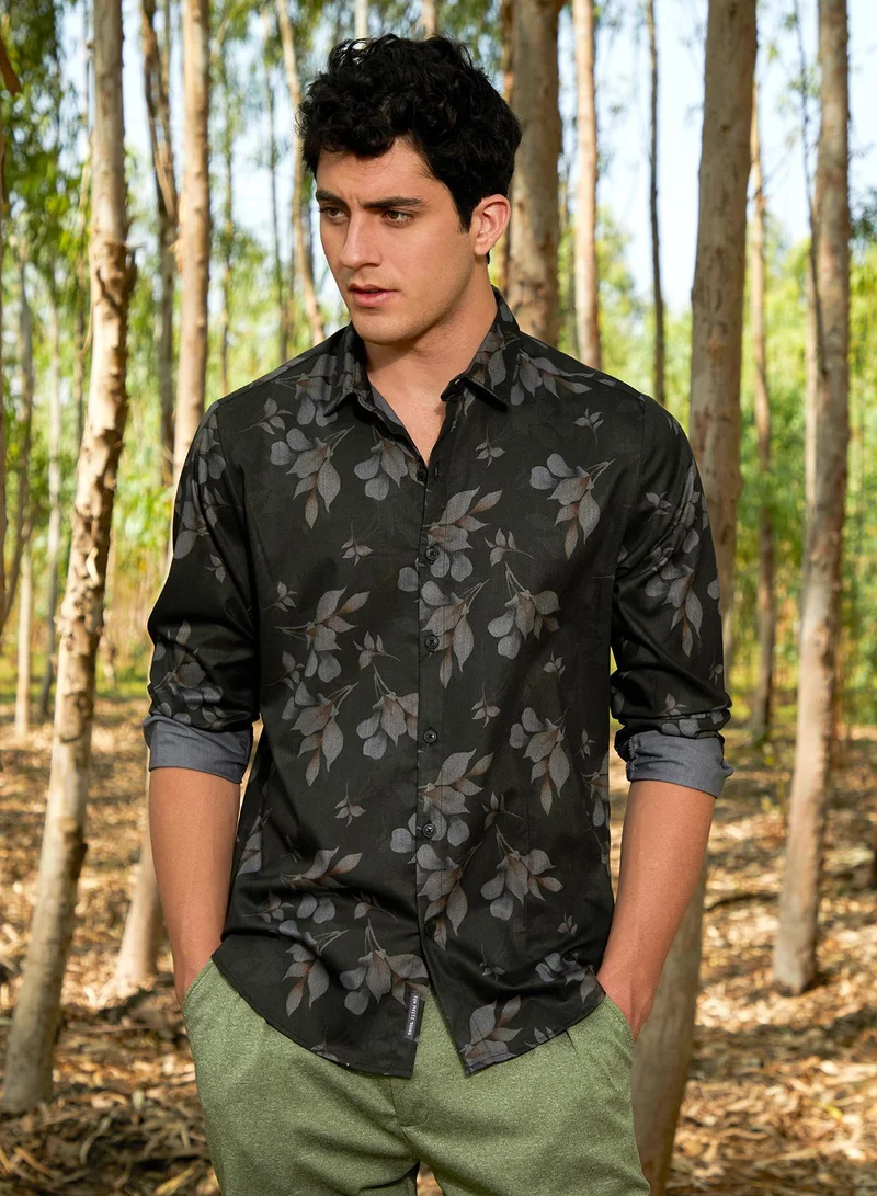 كامبوس سوترا قميص رجالي رمادي فحم بنقوش أوراق شجر