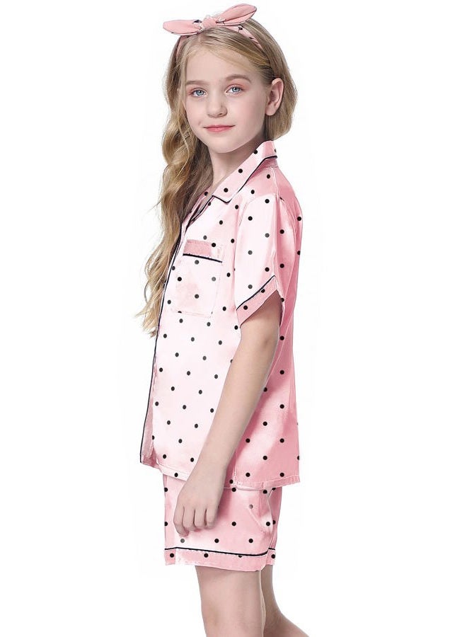 Schbbbta Silk Pajama Set for Girl Satin Button-up Pajama Sleepwear Gifts for Kids, Champagne, 4-5T - Image 3
