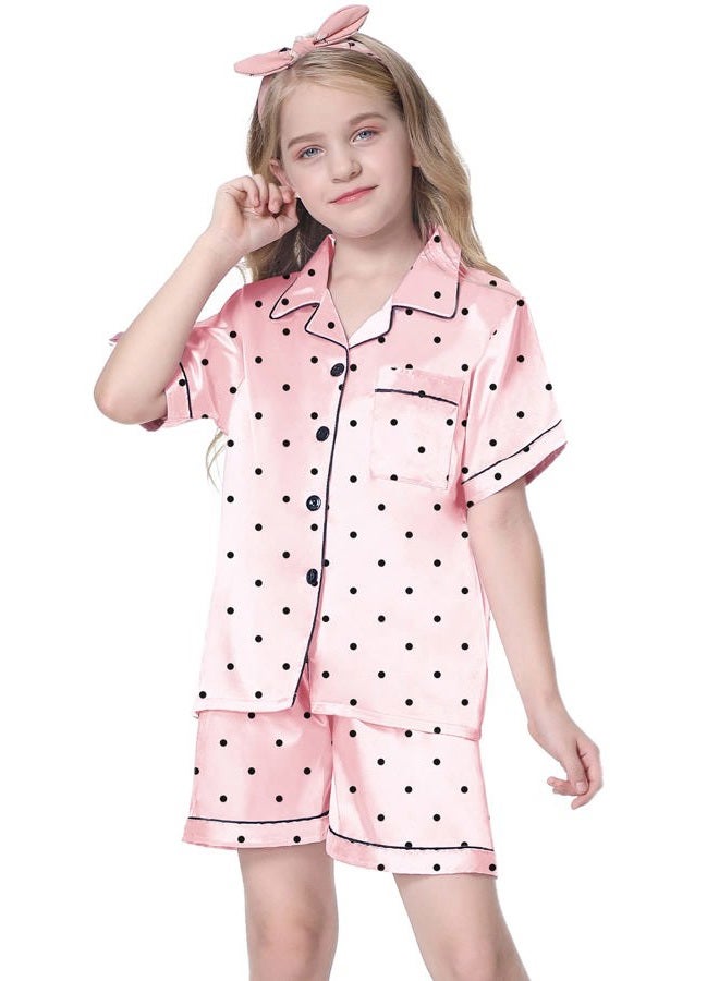 Schbbbta Silk Pajama Set for Girl Satin Button-up Pajama Sleepwear Gifts for Kids, Champagne, 4-5T - Image 2