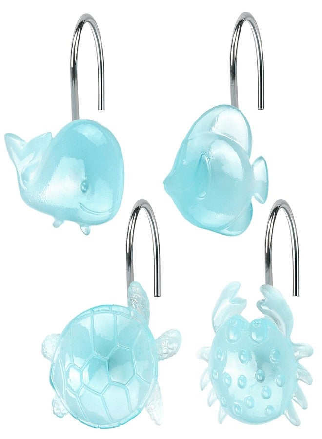SIMPLE CLEVER HOMES 365 Glow in The Dark Sea Life Shower Hooks 12 Pcs Funny Ocean Animal Bathroom Décor (Whale, Crab, Turtle, Clownfish), Stainless Steel S-Hooks & Glowing Resin, Blue Underwater Theme Kids Bathroom Decor - Image 1