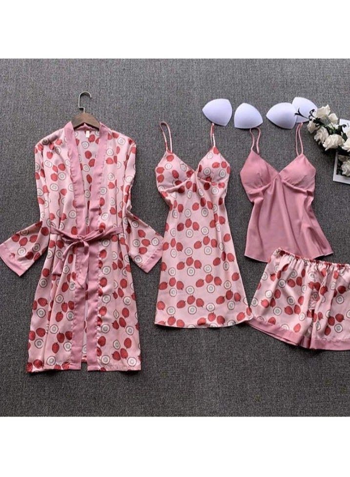 Spring And Summer Feminine Ice Silk Pajamas Four-Piece Set With Suspenders And Long Sleeves