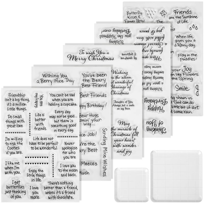 SAVITA 5 Sheets Sentiments Rubber Clear Stamps with 2pcs Acrylic Stamp Block Tools, Warm Words Clear Rubber Stamps for Card Making and Crafting DIY Scrapbook - Image 1