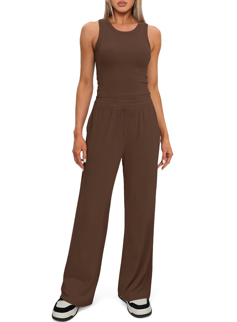 Darong Women's 2 Piece Outfits Lounge Sets Sleeveless Tank Tops Wide Leg Pants Sets Tracksuits Match Sets 9054A(inseam28-29) Coffee M - Image 4