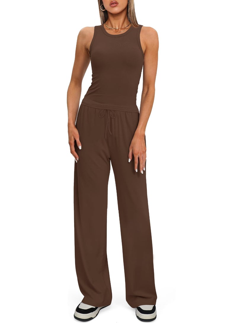 Darong Women's 2 Piece Outfits Lounge Sets Sleeveless Tank Tops Wide Leg Pants Sets Tracksuits Match Sets 9054A(inseam28-29) Coffee M - Image 3