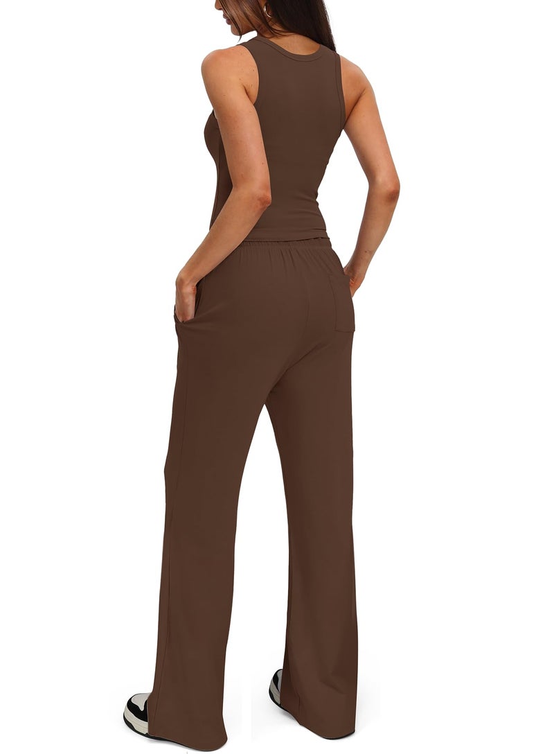 Darong Women's 2 Piece Outfits Lounge Sets Sleeveless Tank Tops Wide Leg Pants Sets Tracksuits Match Sets 9054A(inseam28-29) Coffee M - Image 2
