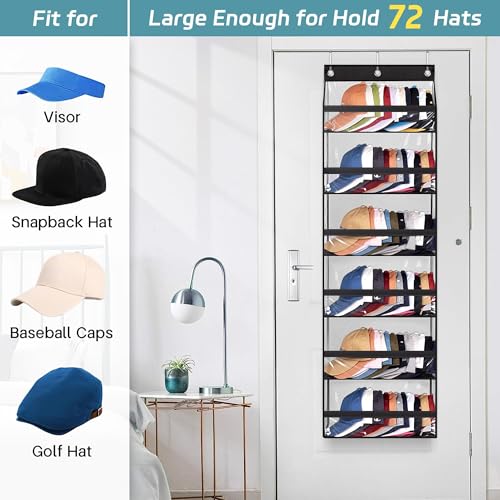 AOODA Clear Over The Door Hat Racks for Baseball Caps, Large Holds up to 72 Caps Hat Storage Organizer for Closet Wall, Deep Pockets Hanging Hat Holder with 3 Hooks, Black - Image 4