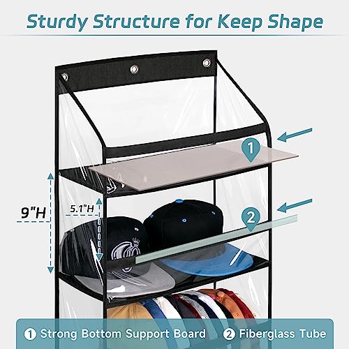 AOODA Clear Over The Door Hat Racks for Baseball Caps, Large Holds up to 72 Caps Hat Storage Organizer for Closet Wall, Deep Pockets Hanging Hat Holder with 3 Hooks, Black - Image 3
