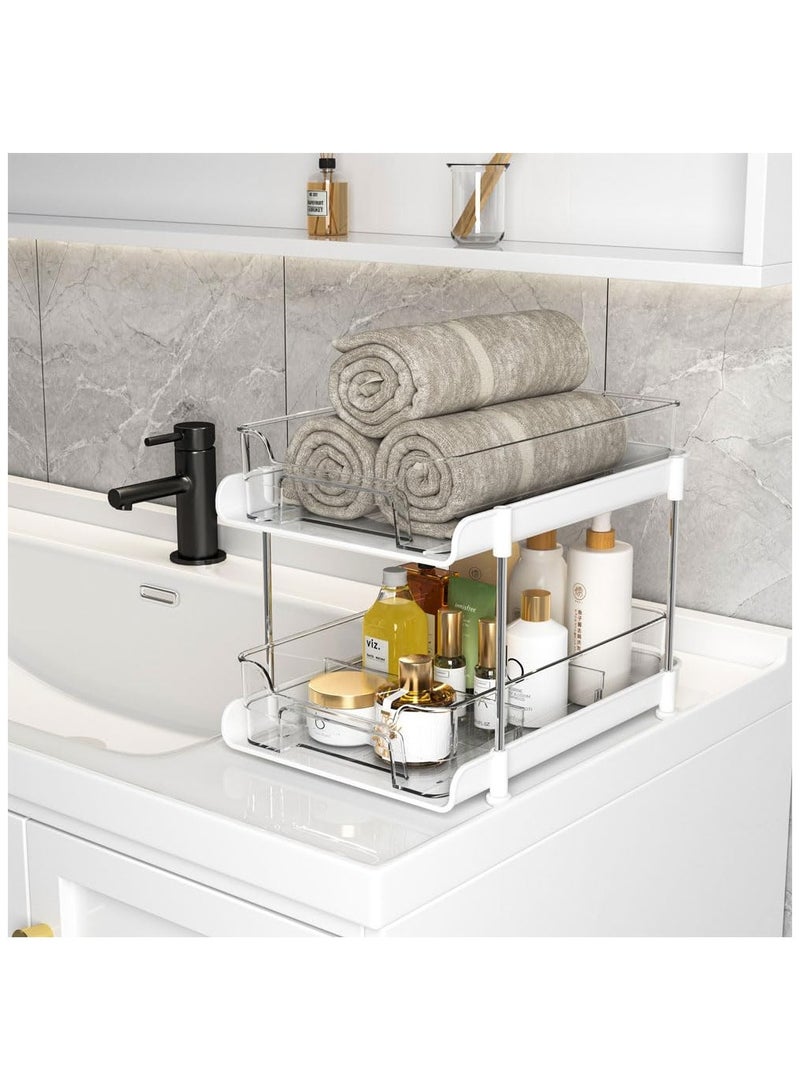 SYOSI منظم أدراج 2 طبقة تحت الحوض، منظمات وتخزين تحت الحوض للحمام، أرفف تخزين خزانة سحب الحوض، منظم وتخزين متعدد الأغراض لخزائن المطبخ مع فاصل قابل للتحريك، أبيض - Image 3