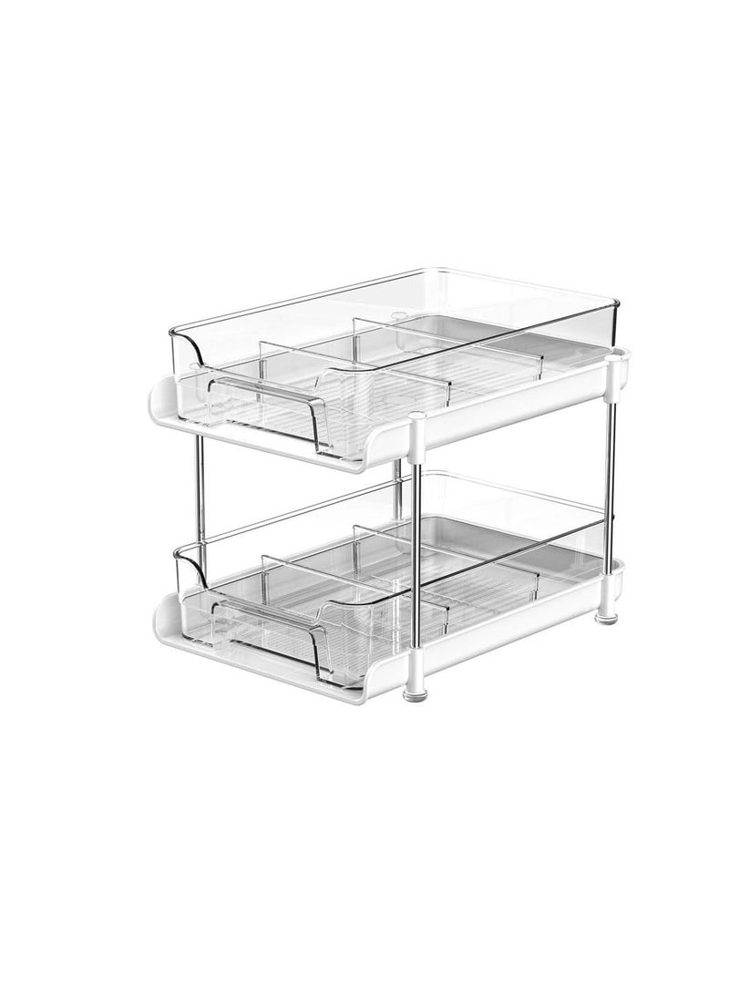 SYOSI منظم أدراج 2 طبقة تحت الحوض، منظمات وتخزين تحت الحوض للحمام، أرفف تخزين خزانة سحب الحوض، منظم وتخزين متعدد الأغراض لخزائن المطبخ مع فاصل قابل للتحريك، أبيض - Image 1