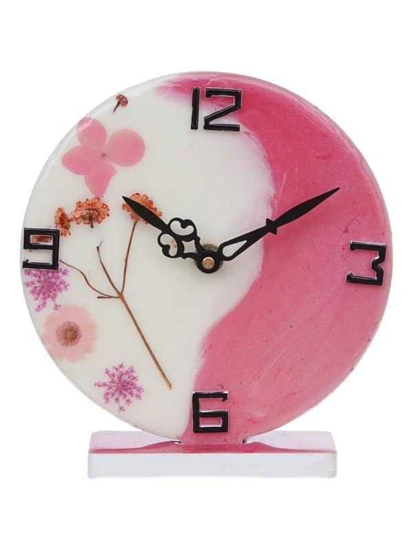 CHRONIKLE CHRONIKLE Beautiful EpoxyResin Round Handmade White and Pink Flower Art Analog Table Top Office Desk Clock for Home Decoration Gifts Size 15 x 45 x 17 CM Weight 227 grm  - Image 1