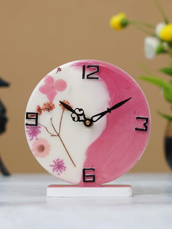 CHRONIKLE CHRONIKLE Beautiful EpoxyResin Round Handmade White and Pink Flower Art Analog Table Top Office Desk Clock for Home Decoration Gifts Size 15 x 45 x 17 CM Weight 227 grm  - Image 4