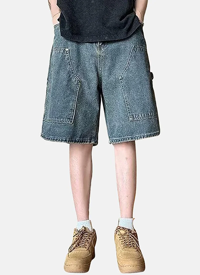 يونيكي Blue Mid Rise Soild Relaxed Fit Shorts