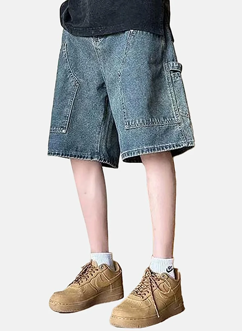 يونيكي Blue Mid Rise Soild Relaxed Fit Shorts