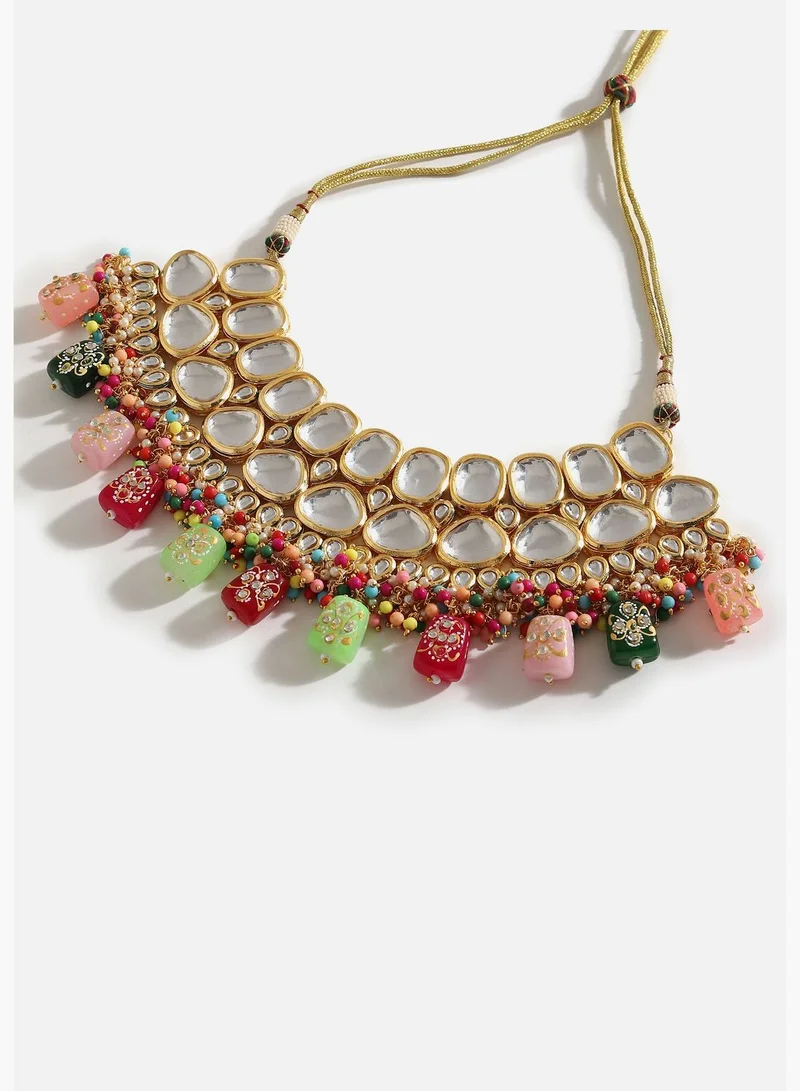 SOHI Gold Plated Designer Kundan Party Necklace, Earring and Maang Tikka Set For Women