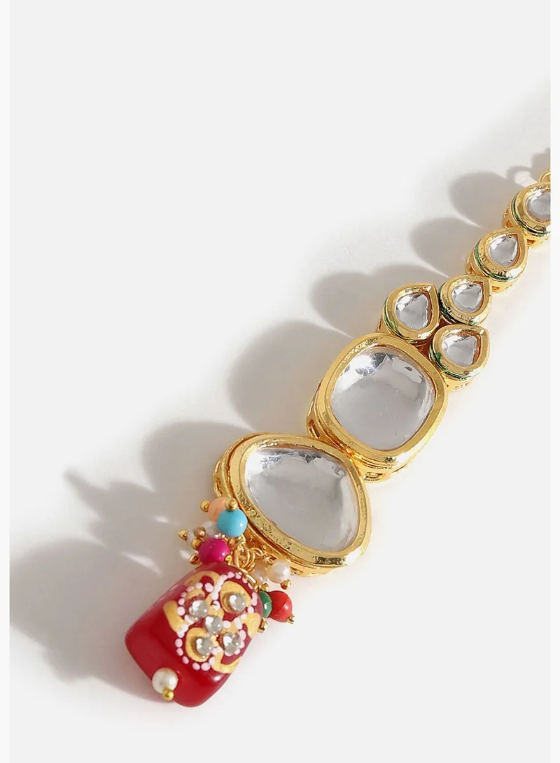 SOHI Gold Plated Designer Kundan Party Necklace, Earring and Maang Tikka Set For Women