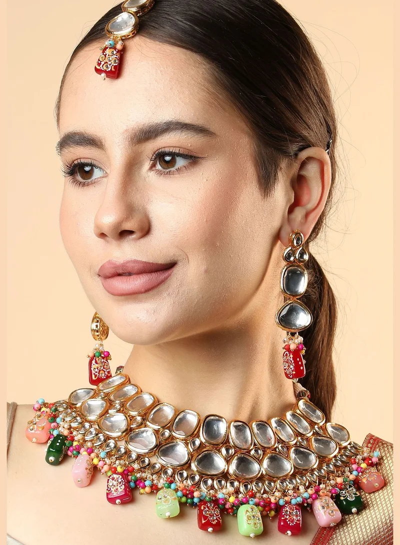 SOHI Gold Plated Designer Kundan Party Necklace, Earring and Maang Tikka Set For Women