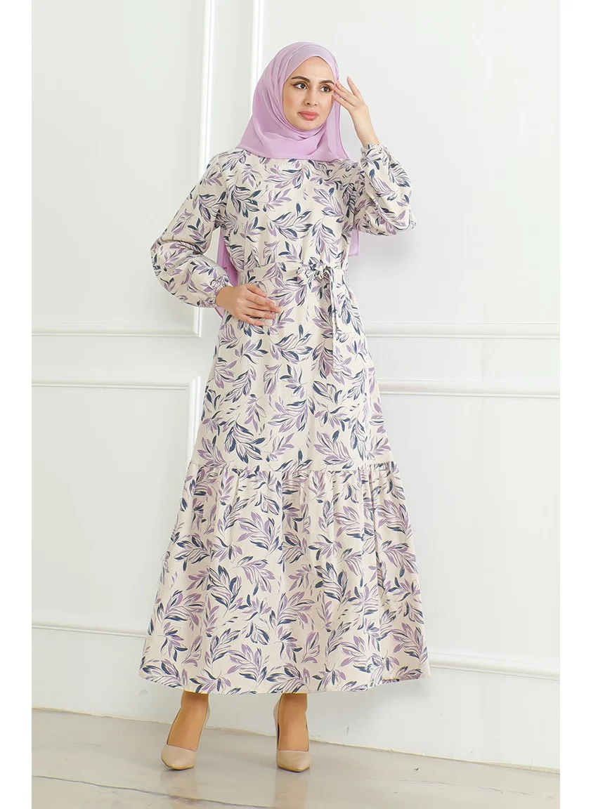 Sefa Merve Patterned Belted Linen Dress 0471-03 Beige Lilac