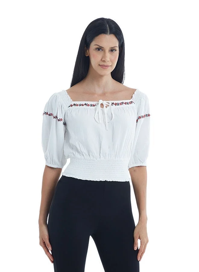 اشاراي بلوزة نسائية بأكمام قصيرة مع تطريز ورباط عند الرقبة